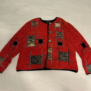 Vintage Animal Print Patch embroidered hot red jacket y2k XL